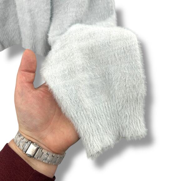 NEW Planet Heart Light Blue Soft Eyelash Knit Cardigan L Pearl Gem Button Fuzzy - Picture 3 of 9